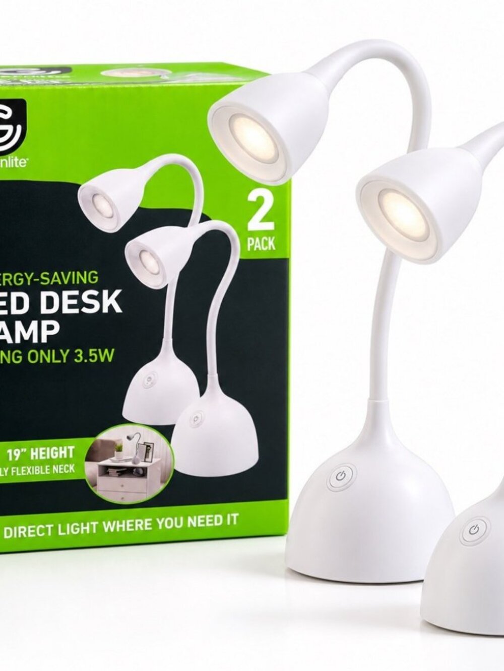 greenlite LED Desk Lamp 2-Pack 19 in Gooseneck Touch Control 300 Lumens White